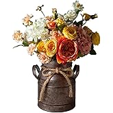Primitive Distressed Iron Vase Bucket,Shabby Chic Classy Designed Metal Vase,Vintage Rustic Antique Decorative Flower Vase for Birthday Gift,Home Decor,Wedding,Party(5.5" L x 3.5" W x 5.9" H)