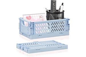 WERJOURU 2-Pack Mini Creats Foldable Plastic Baskets,Collapsible Storage Box for Organizing and Storag,Home Kitchen Bedroom Bathroom Office Tool (Blue, 5.9x3.8x2.2'') (BLUE)