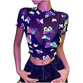 SHENHE Women's Sheer Mesh Reflective Rave Top Y2k Butterfly Round Neck Short Sleeve Crop Top