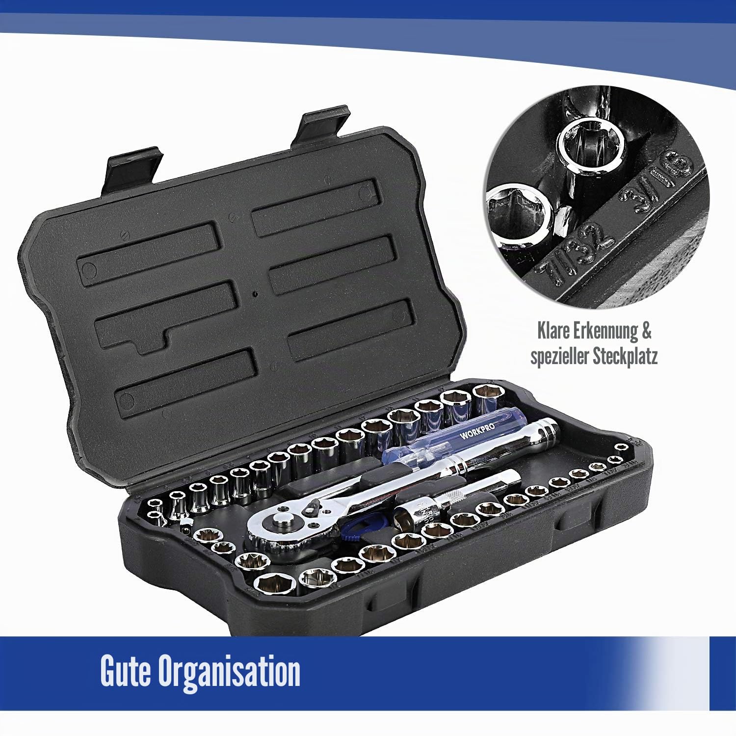 WORKPRO Steckschlüsselsatz 39-tlg. Umschaltknarre 3/8" Ratschen mit Schnellspannfunktion Cr-V Steckschlüssel inkl. Schraubendreher Werkzeugkoffer für Auto 8