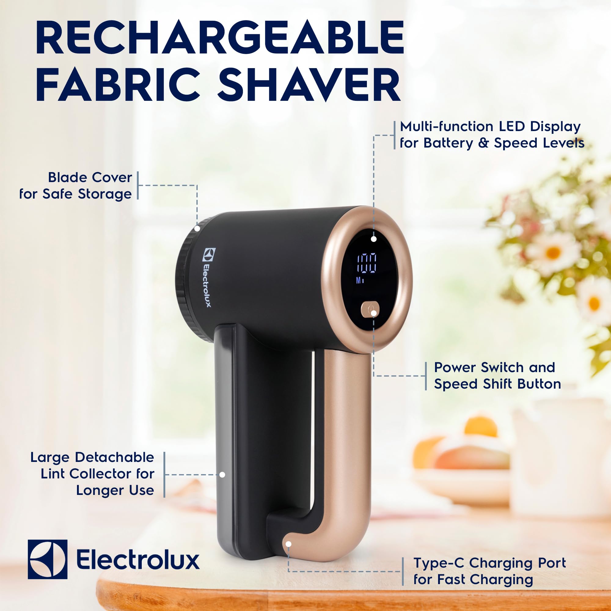 Electrolux Rechargeable Fabric Shaver | 3-Speed Lint Remover for Clothes & Furniture | Eliminates Fuzz & Pilling | Electric Lint Shaver with LED Display & Type-C Fast Charging Port - Black