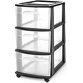 HOMZ Drawer Tower, 3-Tier Clear Plastic Storage Organizer Cart, Black Frame – Organizing Containers with Wheels for Home, Bathroom, Bedroom, Office, and Classroom