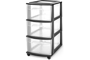 HOMZ Drawer Tower, 3-Tier Clear Plastic Storage Organizer Cart, Black Frame – Organizing Containers with Wheels for Home, Bathroom, Bedroom, Office, and Classroom