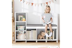 HOUSUIT 43.3" Kids Reading Nook Bench, Nursery Bookshelf and Bookcase with Seat Cushion, 6-Cubby Book Shelf Storage Organizer for Playroom, Bedroom, Living Room, Entryway, White