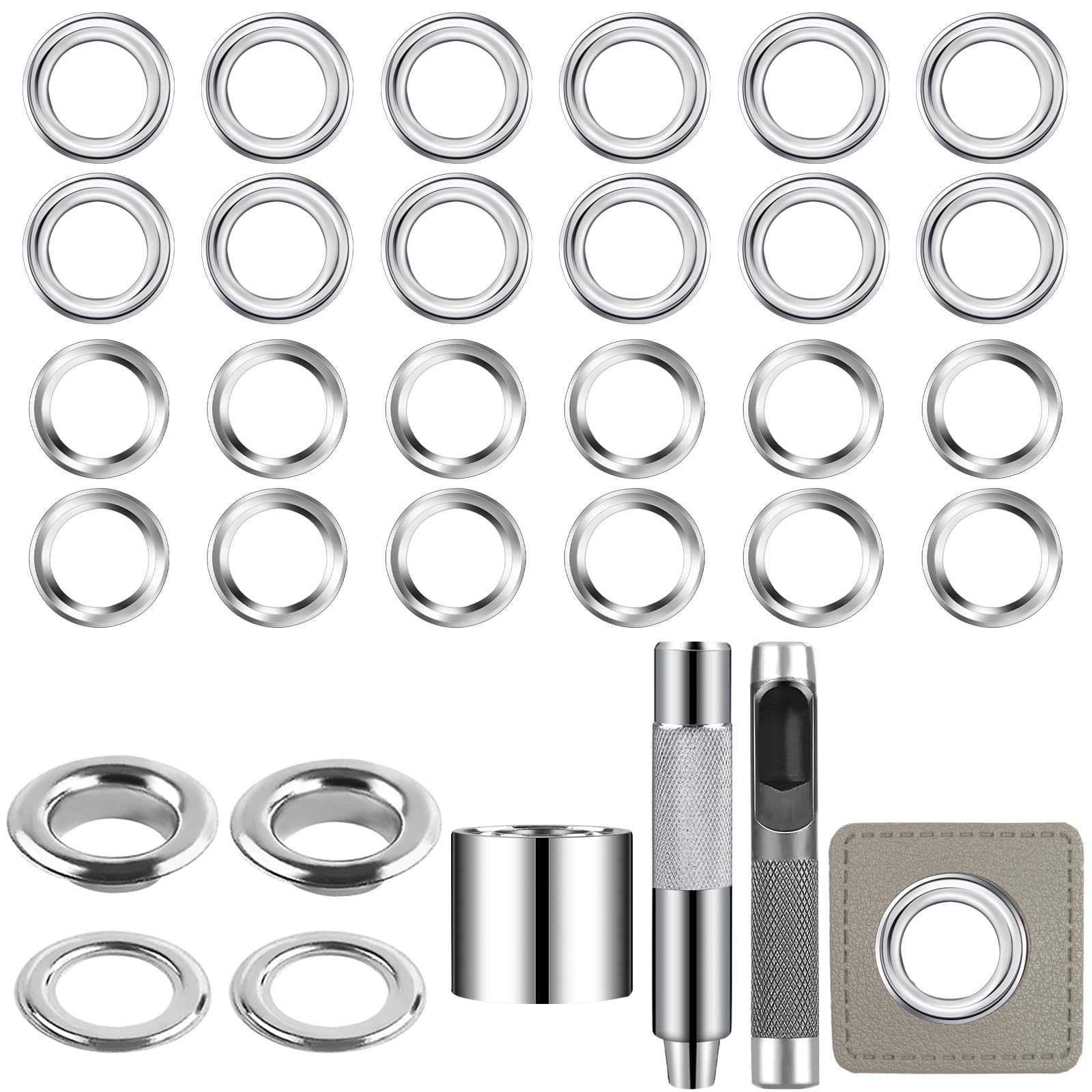 Akamino 200 Sets 14mm Eyelet Punch Kit, Grommet Setting Tool With Hole Hollow Punch, Copper Grommet for Leather, Fabric, Belts, Curtain, DIY, Crafts Making (Silver)