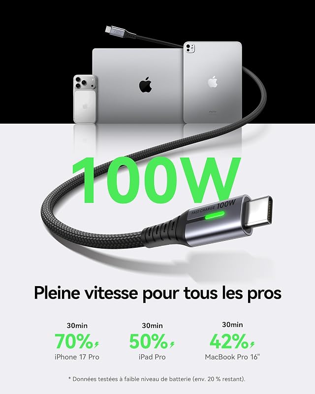 100W Cable USB C vers USB C, 2m PD 3.0 Câble Type C Charge Rapide