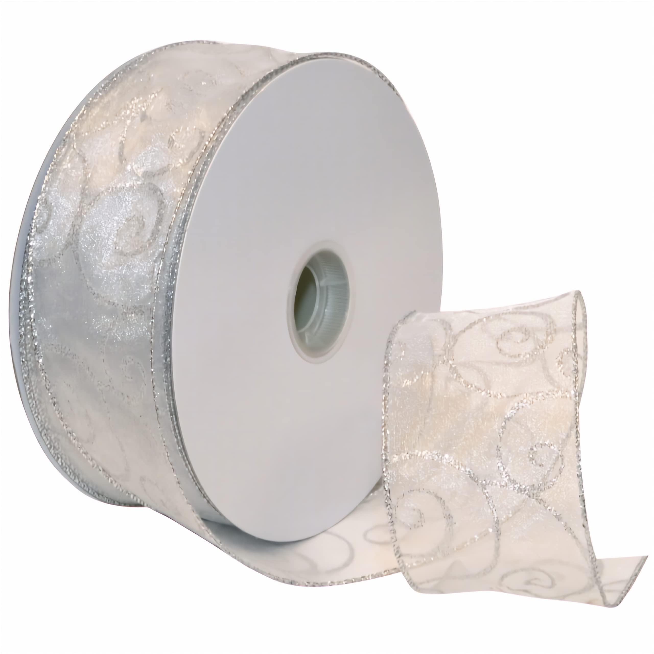 Morex Ribbon 7416.60/50-701 Swirl 2.5" X 50 YD Nylon Sheer Wired Glitter Ribbon, White/Silver, Holiday Ribbons for Crafts and Christmas Decorations, Indoor Christmas Ribbon for Gift Wrapping โ image 1