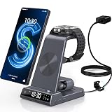 Wireless Charger for Samsung Charging Station with Clock for Samsung Galaxy S25 Ultra/S24/Z Fold 7/Flip 7/6/Bud, 3 in 1 Android Charging Station, Watch Charger for Samsung Galaxy Watch 8/7/6/5 (Grey)