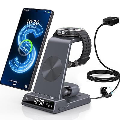 Wireless Charger for Samsung Charging Station with Clock for Samsung Galaxy S25 Ultra/S24/Z Fold 7/Flip 7/6/Bud, 3 in 1 Android Charging Station, Watch Charger for Samsung Galaxy Watch 8/7/6/5 (Grey)