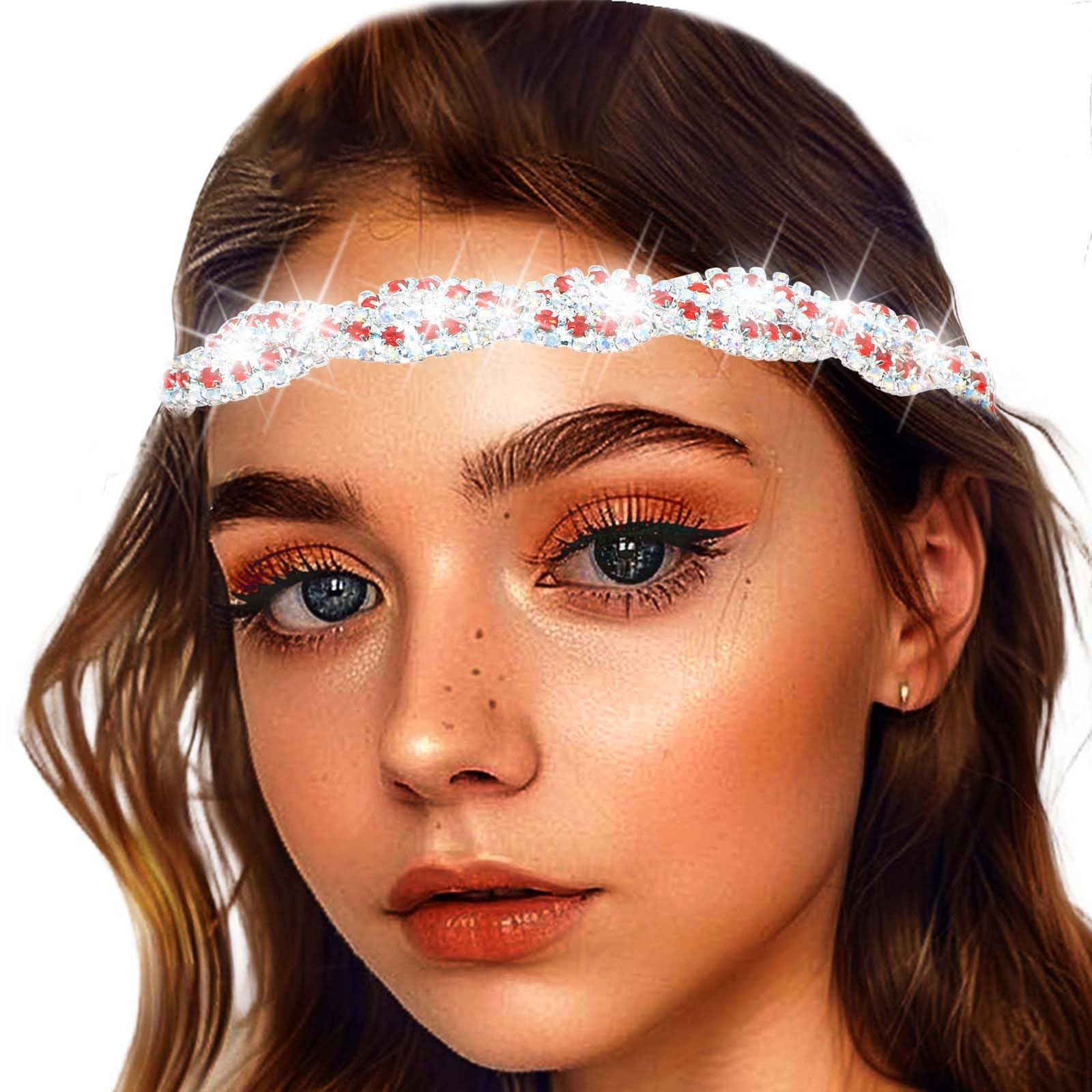 Women's Rhinestone Headbands Sparkly Elestic Hairband Vintage Metal Headbands Sparkly Elegant Party Daily Head Chain (Red-Silver, M)