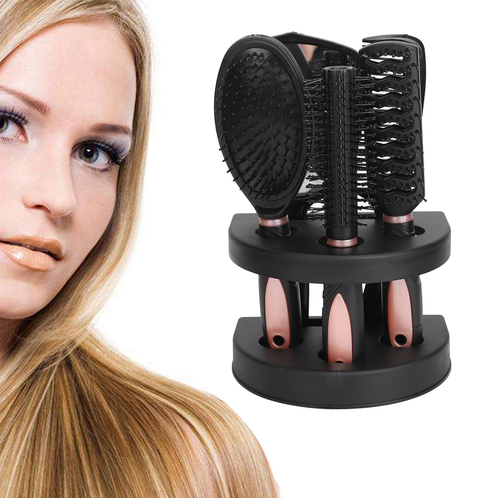 Set of 5 Hair Combs, Professional Salon Paddle Hair Brush Detangle Massage Styling Hair Cutting Brushes Comb Mirror and Holder Stand Set, for Women Ladies Adults Kids