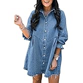 Sidefeel Womens Smocked 3 4 Sleeve Button Down Denim Jeans Dresses