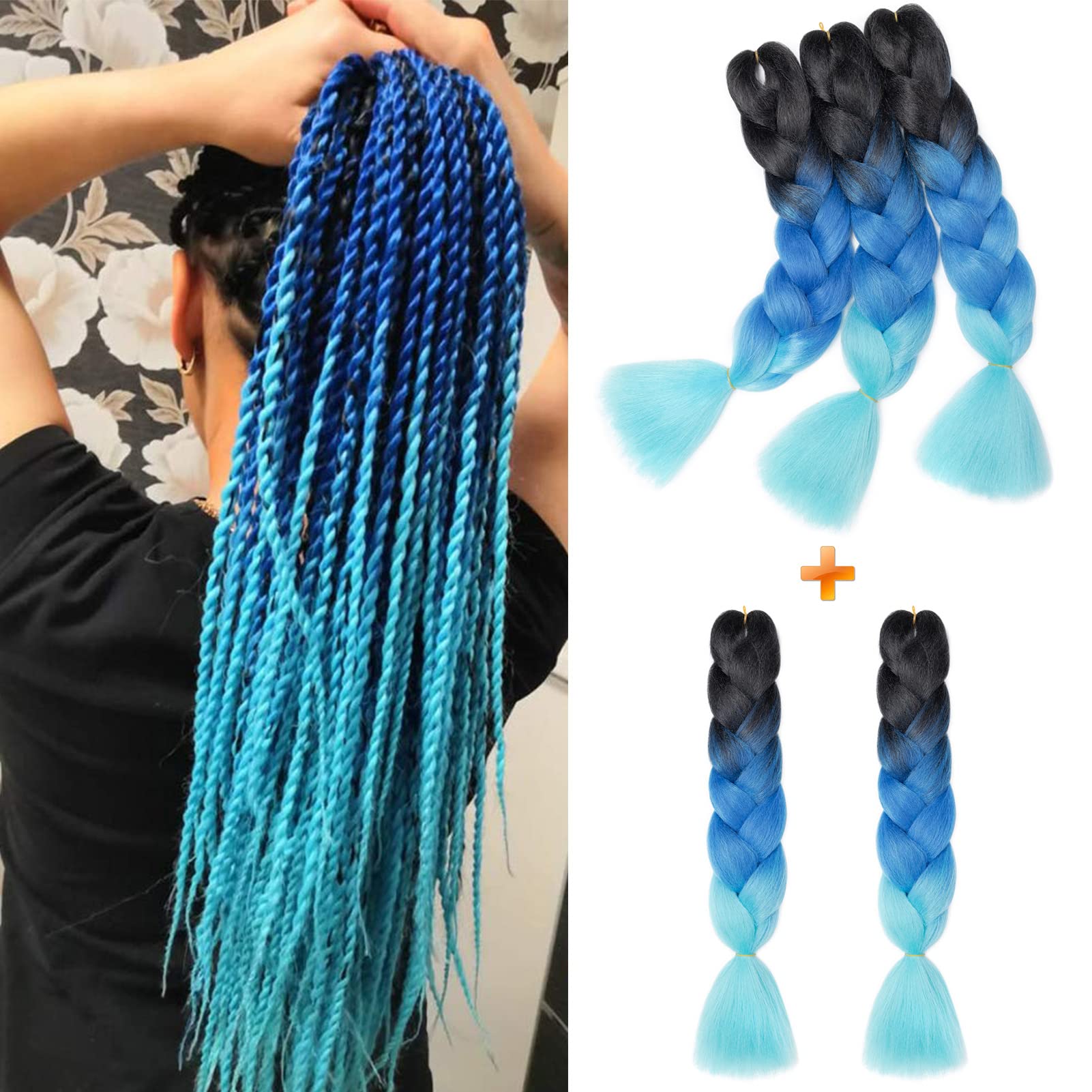 Gairyan Braiding Hair Extensions Ombre Jumbo Braids Synthetic Hair 5packs 24 inches 500g Coloured Hair for Braiding Extensions Box Braids Crochet Twist (Black-Sapphire-Sky blue) — image 1