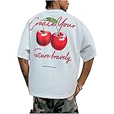 SweatyRocks Men's Cherry Fruit Graphic Tees T Shirt Short Sleeve Drop Shoulder Loose Cropped T Shirts