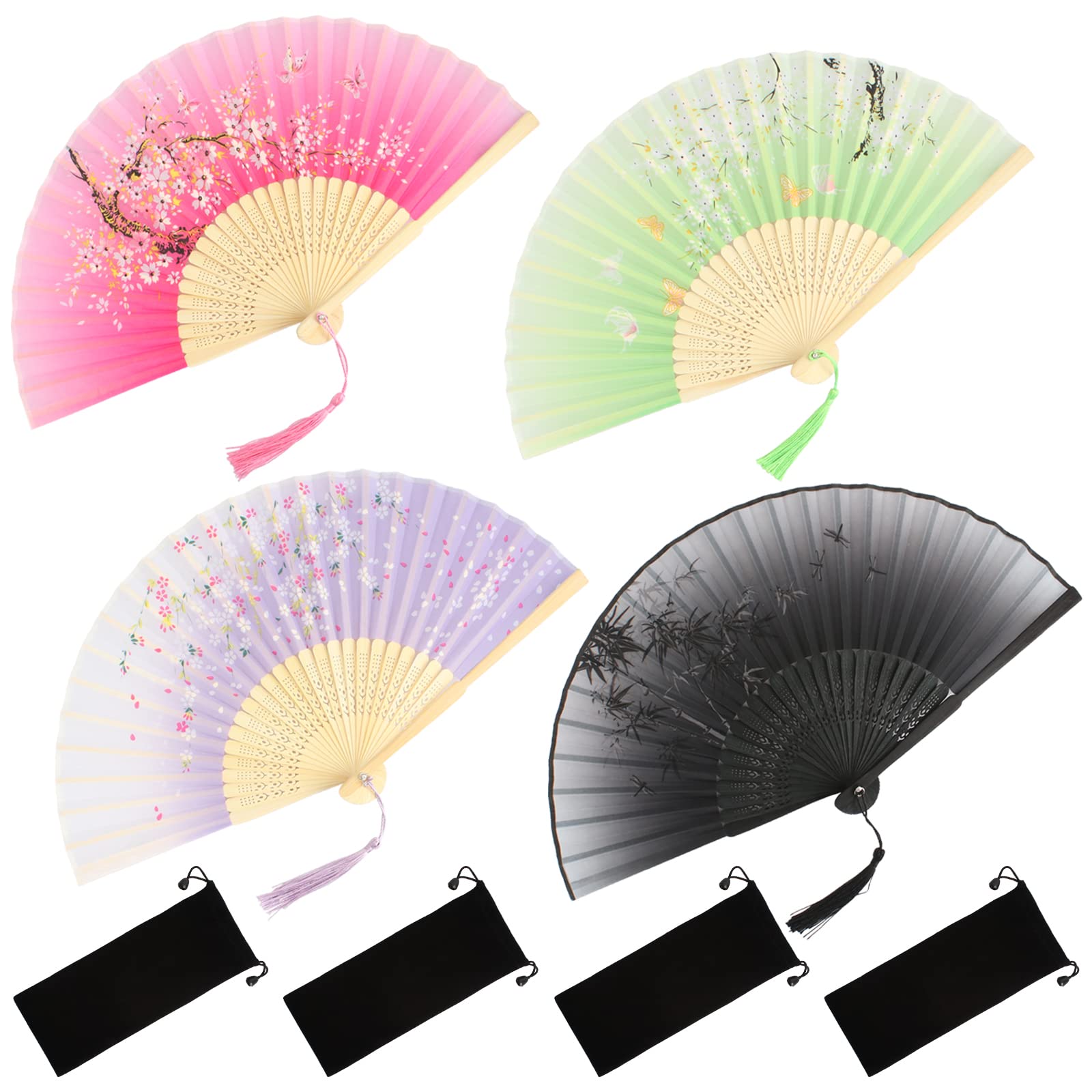 Bubuyun 4PCS Silk Fabric Hollow Carved Bamboo Handheld Folding Fans - Chinese Style Hand Fans with Tassels for Wedding, Wall, Party Decoration