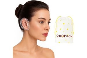 JFGLORIX 200 Pack Disposable Waterproof Ear Covers for Shower & Hair Dye – Clear Plastic Ear Caps with Soft Elastic, One Size for Adults, with Drawstring Storage Pouch for Neat, Travel-Ready Carry