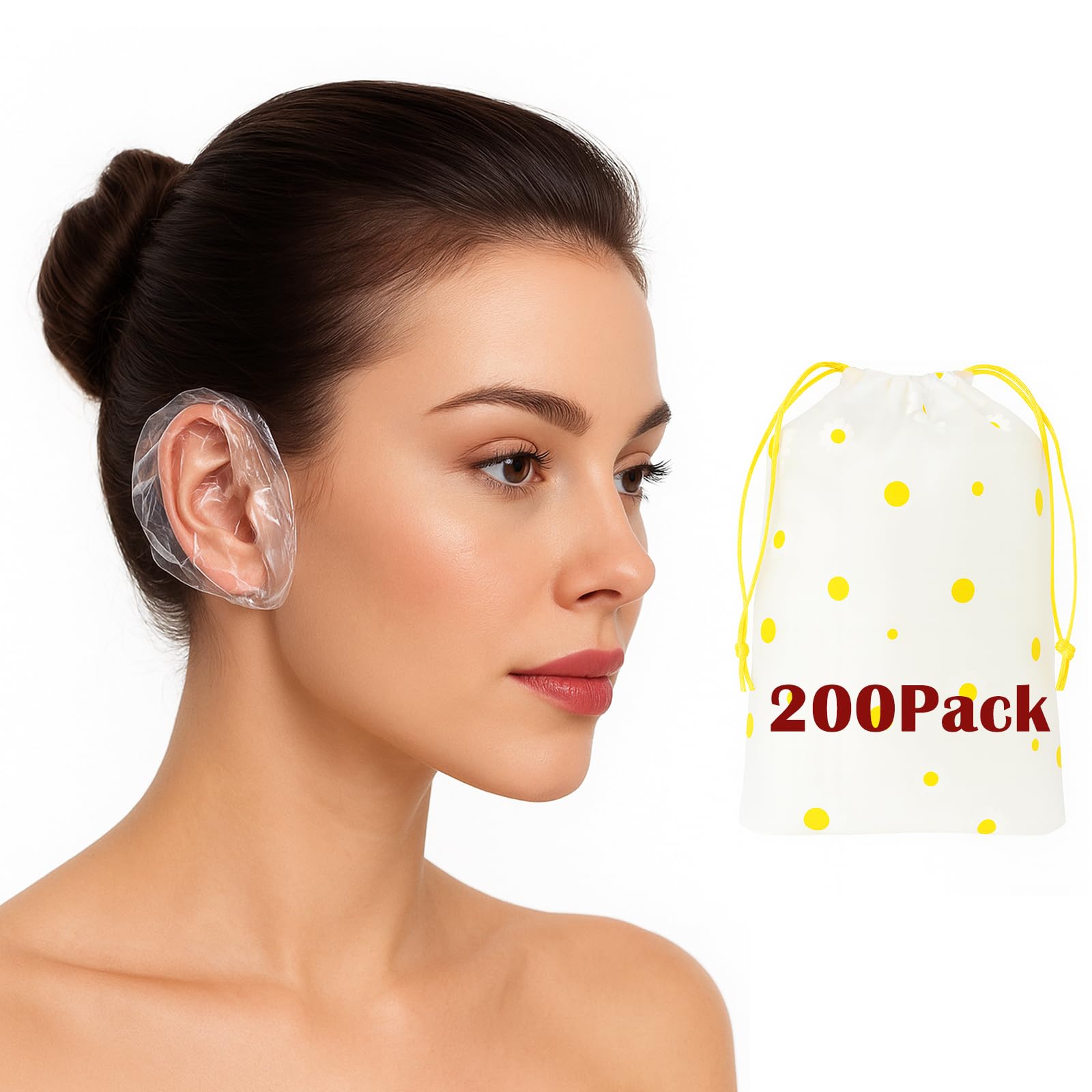 Photo 1 of 200 Pack Disposable Waterproof Ear Covers for Shower & Hair Dye – Clear Plastic Ear Caps with Soft Elastic, One Size for Adults, with Drawstring Storage Pouch for Neat, Travel-Ready Carry
