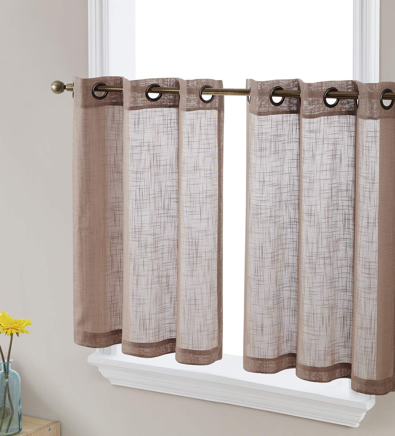 HLC.ME Abbey Faux Linen Textured Semi Sheer Privacy Light Filtering Transparent Grommet Short Thick Cafe Curtain Tiers for Small Windows, Kitchen & Basement, Set of 2 (35 W x 36 L, Taupe)