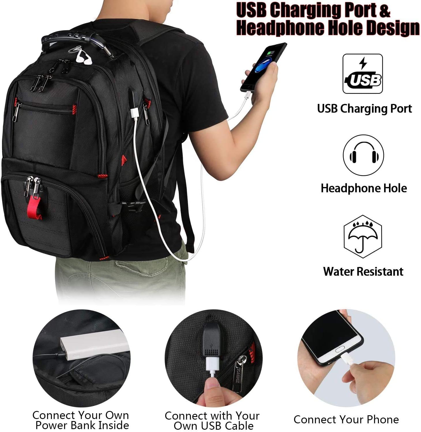 Backpacks for Men, Extra Large Travel Laptop Backpack Gifts for Women Men with USB Charging Port,TSA Friendly Business Computer Bag College High School Bookbags Fit 17 Inch Laptops 45L,Black: Electronics