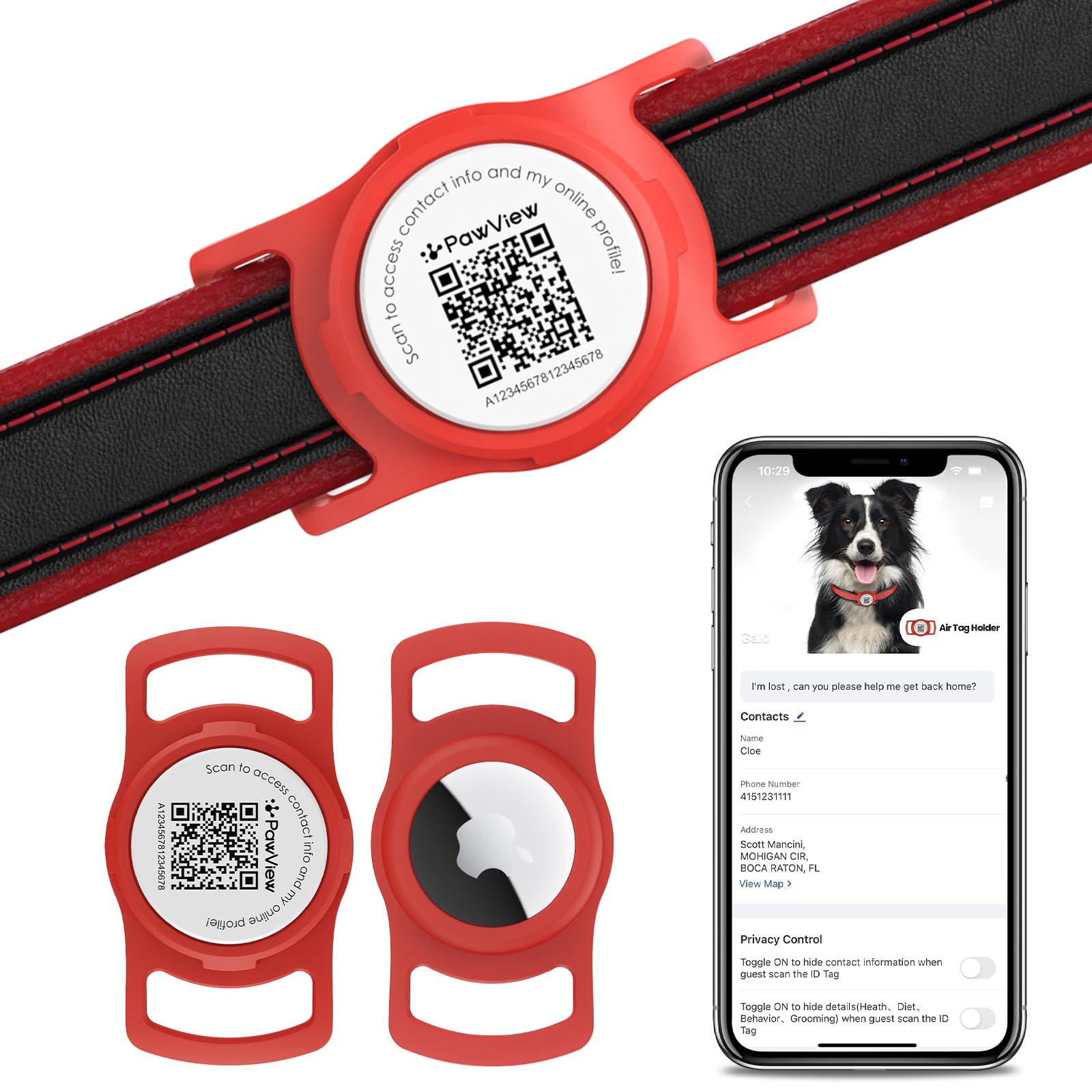 PawView AirTag Dog Collar Holder & Free App. Cat Tracker, Dog Tracker & Smart QR ID for Instant Location to Owner When Scanned, Pet Profile, Contact Info. Cat AirTag Collar & GPS Tracker