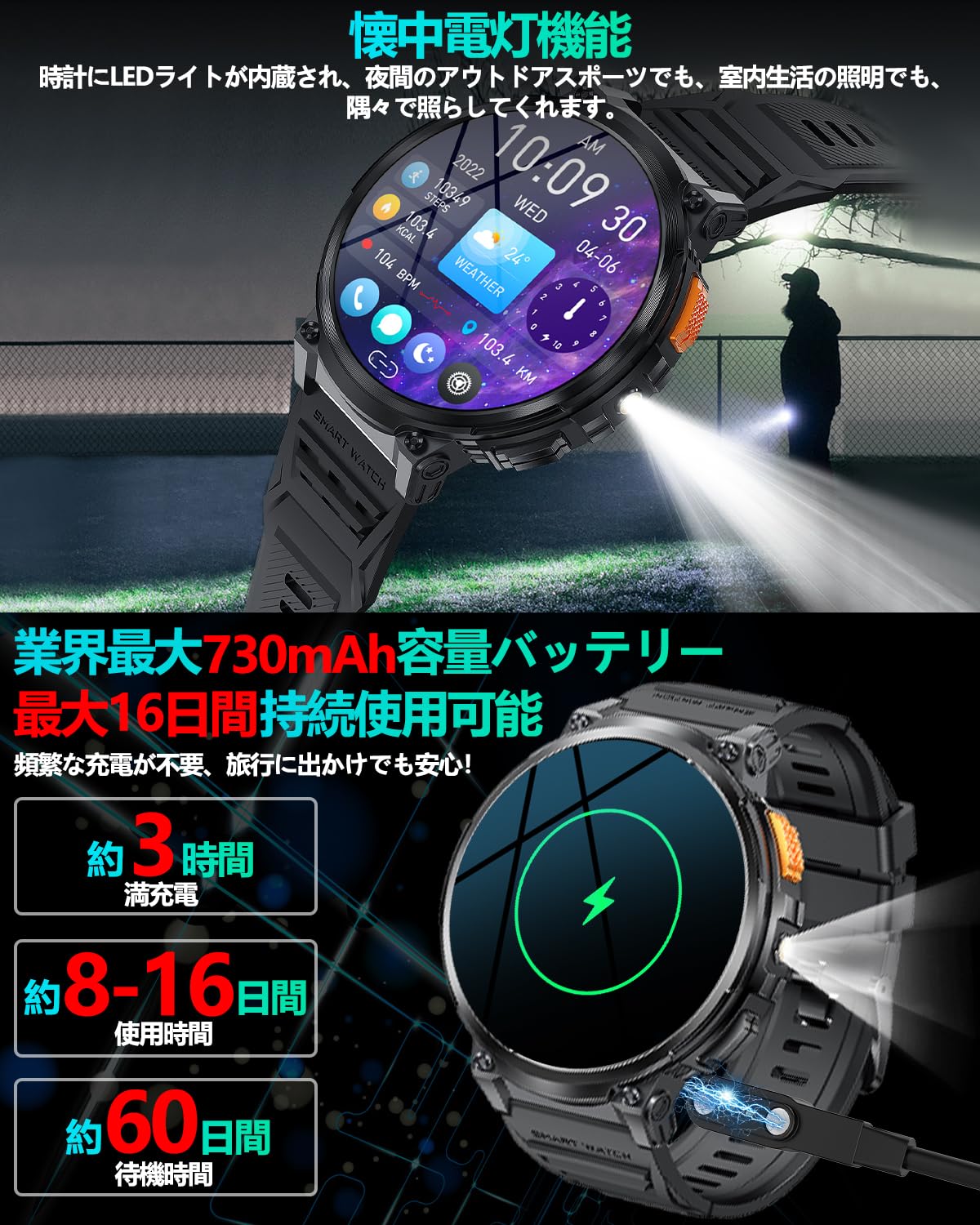 Smart Watch (2024 Ultimate Design, 1.85 Inch Ultra Large Screen, Round Size, Military Specifications, Flashlight) Wristwatch, Men's Wristwatch, Ideal for People with Presbyopia, 730 Ultra Long Lasting