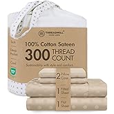 Threadmill Cotton Queen Sheet Set | 100% Cotton Sheets for Queen Size Bed | Damask Jacquard Queen Bed Sheets Set with 16” Deep Pocket | Soft Sateen Weave 4-Piece Cooling Bedding Set | Beige
