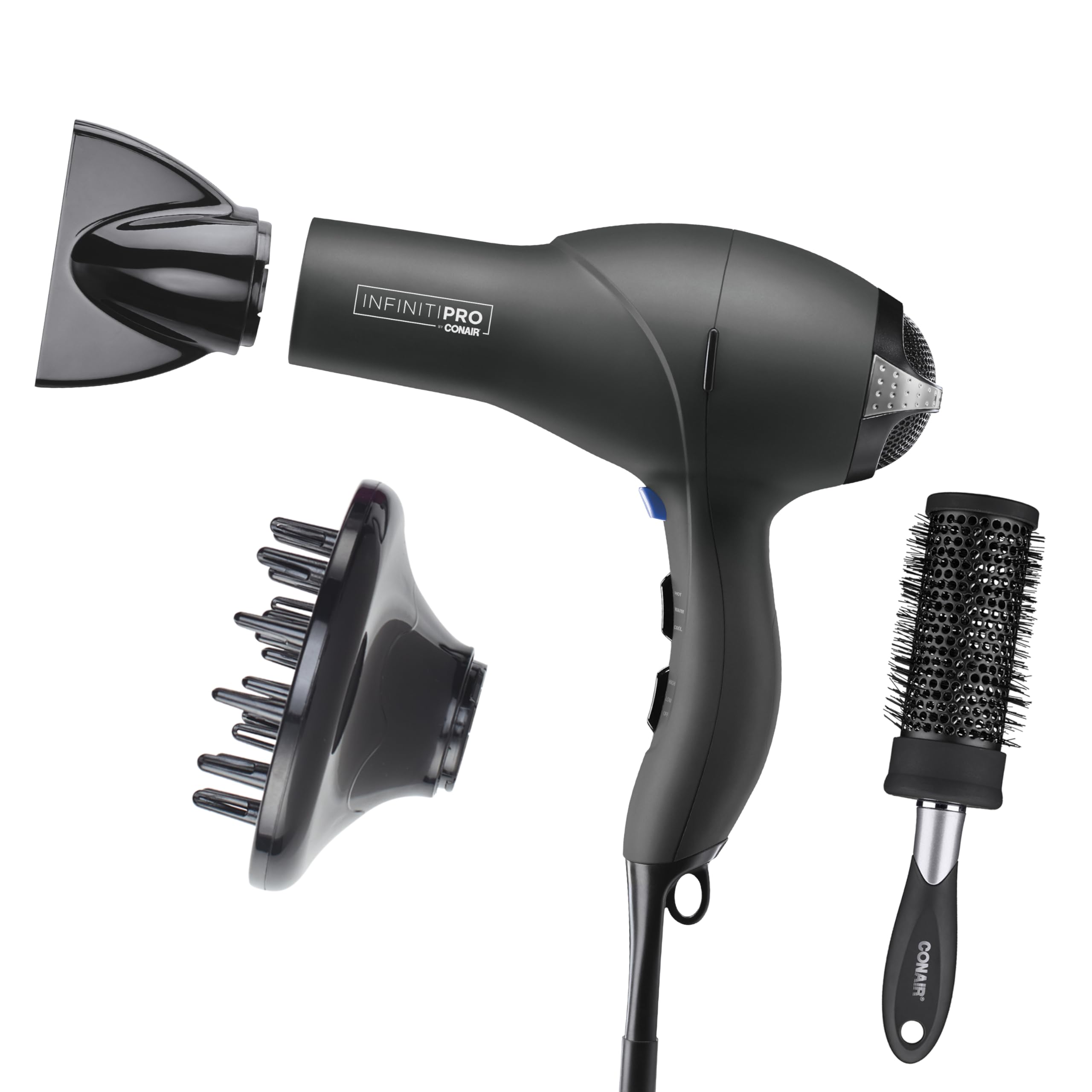 Photo 1 of Infiniti PRO CONAIR Hair Dryer with Diffuser, Professional AC Motor, Tourmaline Ceramic Technology Blow Dryer, Includes Concentrator and Blowout Brush, Amazon Exclusive, Gray