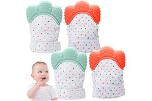 2 Pairs Teething Mittens, Adjustable Food Grade Silicone Baby Teething Mitten Built-in Phonic Membranc, Sensory Stimulating G