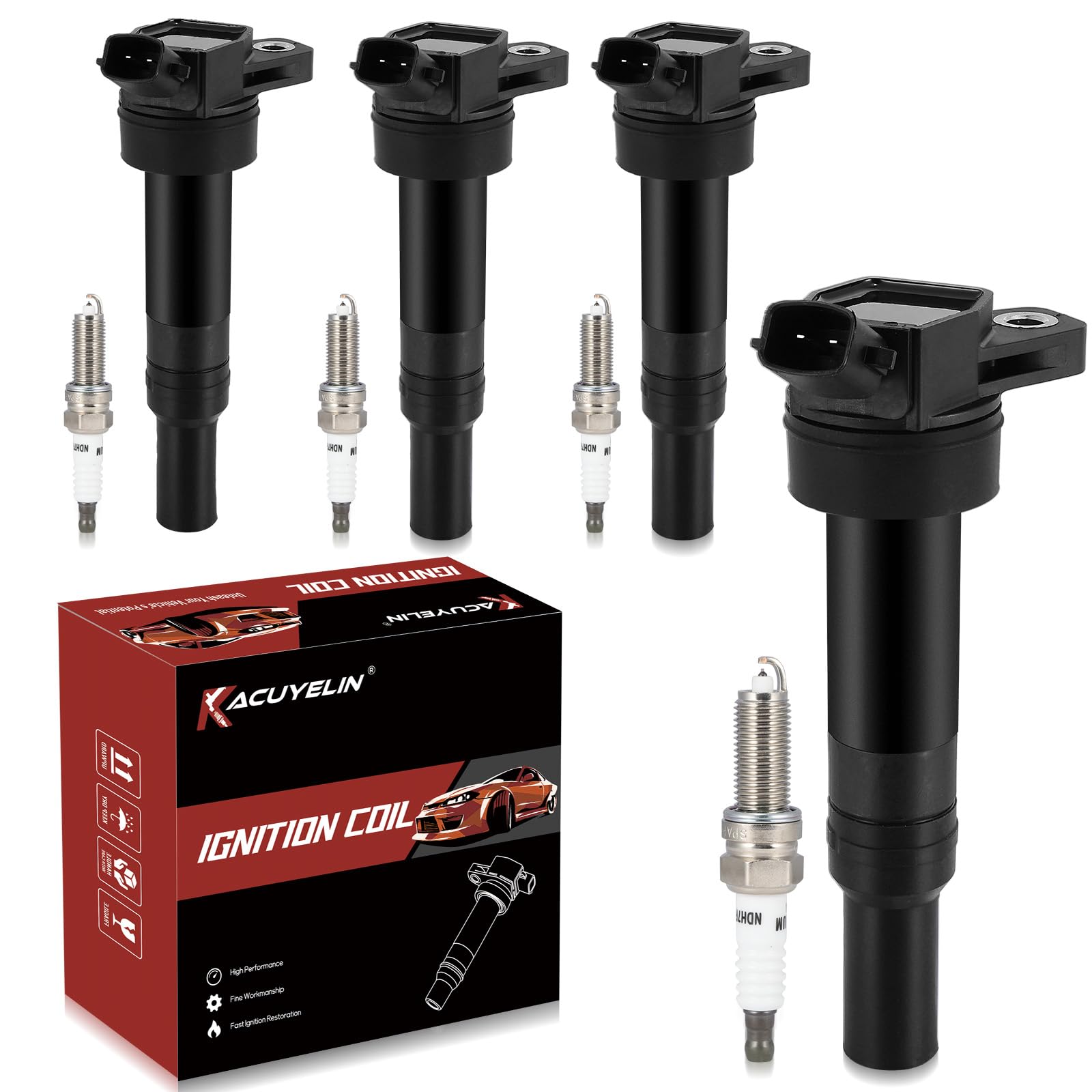 Photo 1 of KacuYelin UF651 Ignition Coil Pack & Iridium Spark Plugs Compatible with Hyundai Elantra GT Coupe Tucson Kia Forte Soul 1.8L 2.0L L4 2011-2019 UF651 Coil Pack Sets of 4