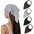 Sibba Triangle Bandana 4 Pcs Elastic Headband Boho Scarf Non Slip Head Scarves Coverings Neck Scarves Wraps Solid Large Cottons Cloths Stretch Headpiece for Women Mens Travel Party