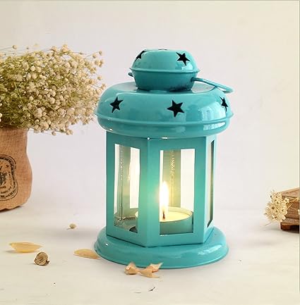Tied Ribbons Decorative Iron Lantern With Tealight Candle(Blue)