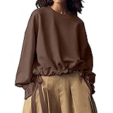 Women Tie Up Sweatshirt Crewneck Balloon Long Sleeve Shirt Casual Fall Pullover Crop Babydoll Tops