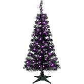 Juegoal Lighted Artificial Halloween Black Christmas Tree, 4FT Black Tinsel Pine Tree with 70 LED Purple Lights, 8 Modes &amp; Timer for Home Party Decorations
