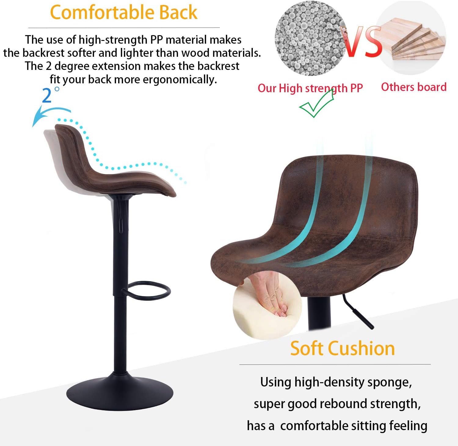 YOUNIKE Furniture Modern Design Barstools with Adjustable Height and 360° Rotation, Ergonomic Streamlined Polypropylene High Bar stools for Bar Counter,Kitchen and Home (Set of 2, Retro Brown): Home & Kitchen