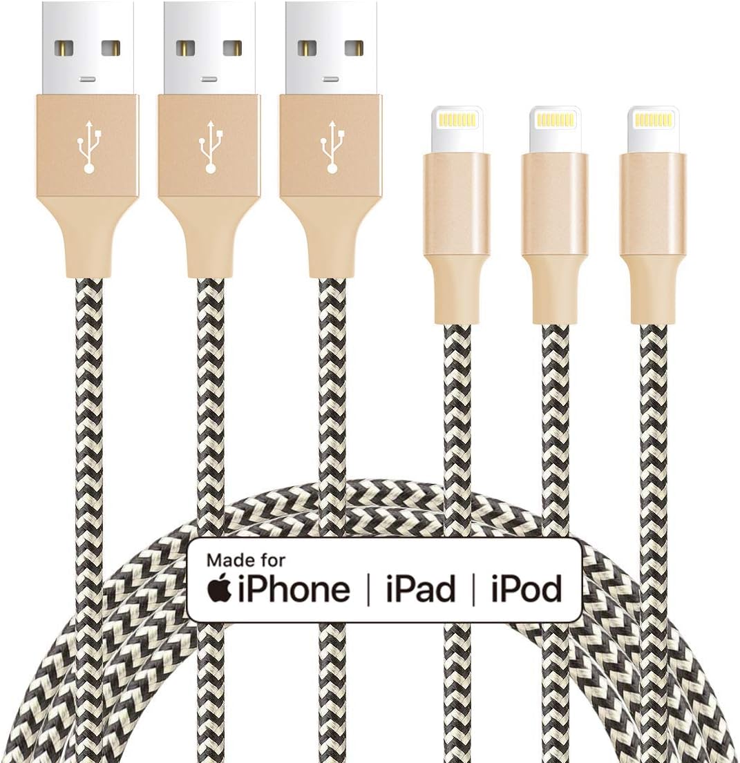 MFi Certified iPhone Cable - Novtech 3Pack 6FT Nylon Braided Lightning Cable - Long USB Charging Cord for iPhone 11 Pro XR Xs Max X 8 Plus 7 Plus 6S Plus 6 Plus 5S 5C 5 SE iPod iPad Air Pro - Gold