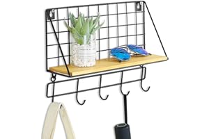 Baeymonkay Easy Installation Key Holder Wall Mount, Mail Organizer for Wall with 5 Hooks, Iron Key Hooks with Shelf for Living Room Decor, Home Decor, Matte Black Key Hanger, Key Rack（Single Wood）