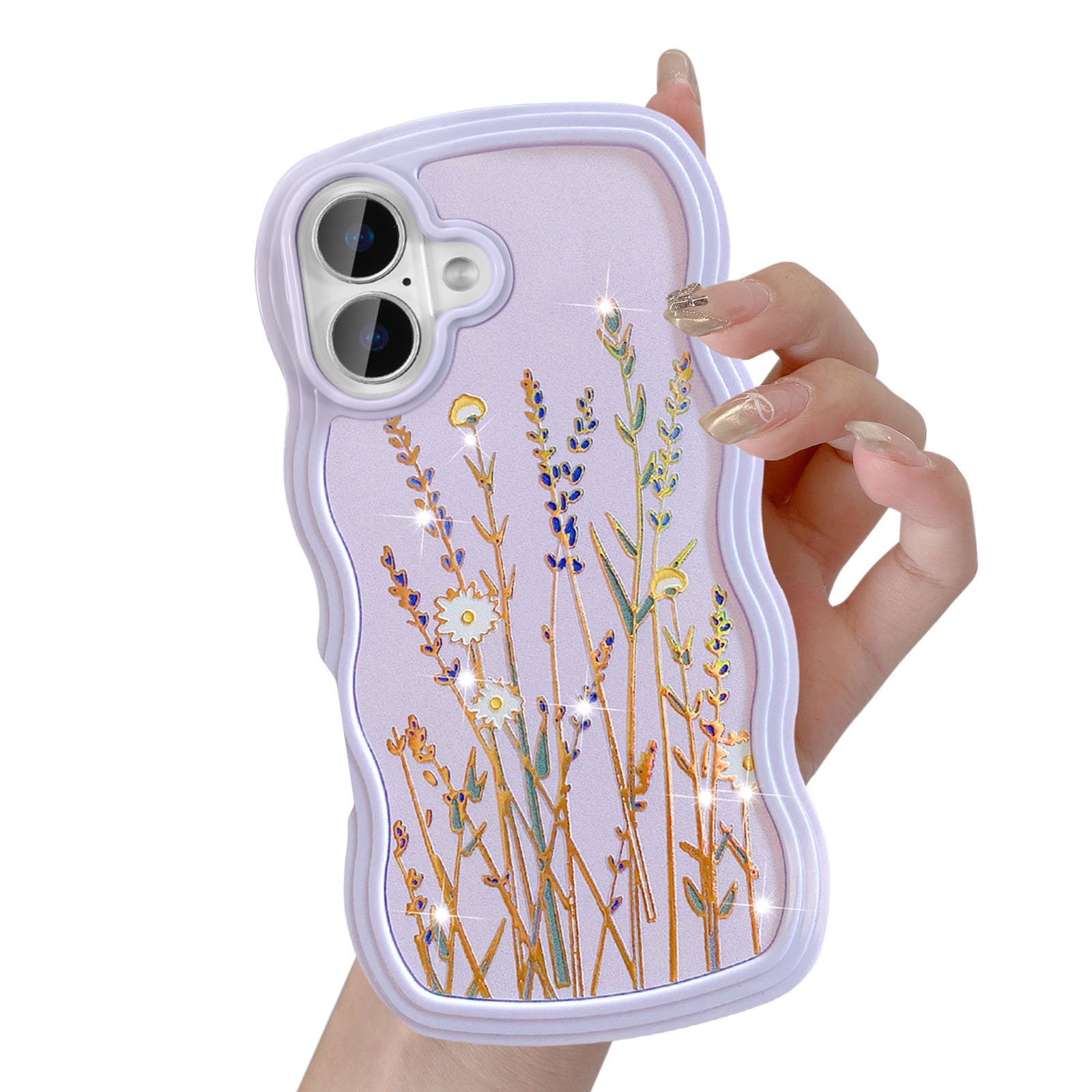 UEEBAI for iPhone 16 Case, Floral Wave Frame Cute Curly Anti-slip Flower Case with Aesthetic Pattern, TPU Slim Bumper Shockproof Protective Cover for Women Girls - Lilac