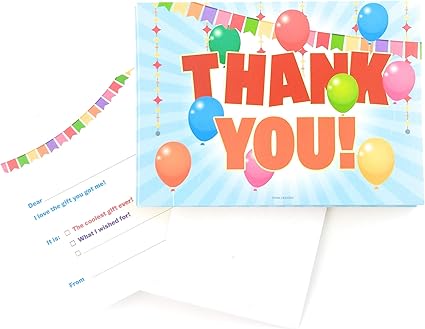Amazon Com 25 Kids Thank You Cards With Envelopes Balloon Fill In Thank You Notes For Kid Blank Personalized Thank Yous For Birthday Gifts Stationery For Children Boys And Girls Birthday Party Thank