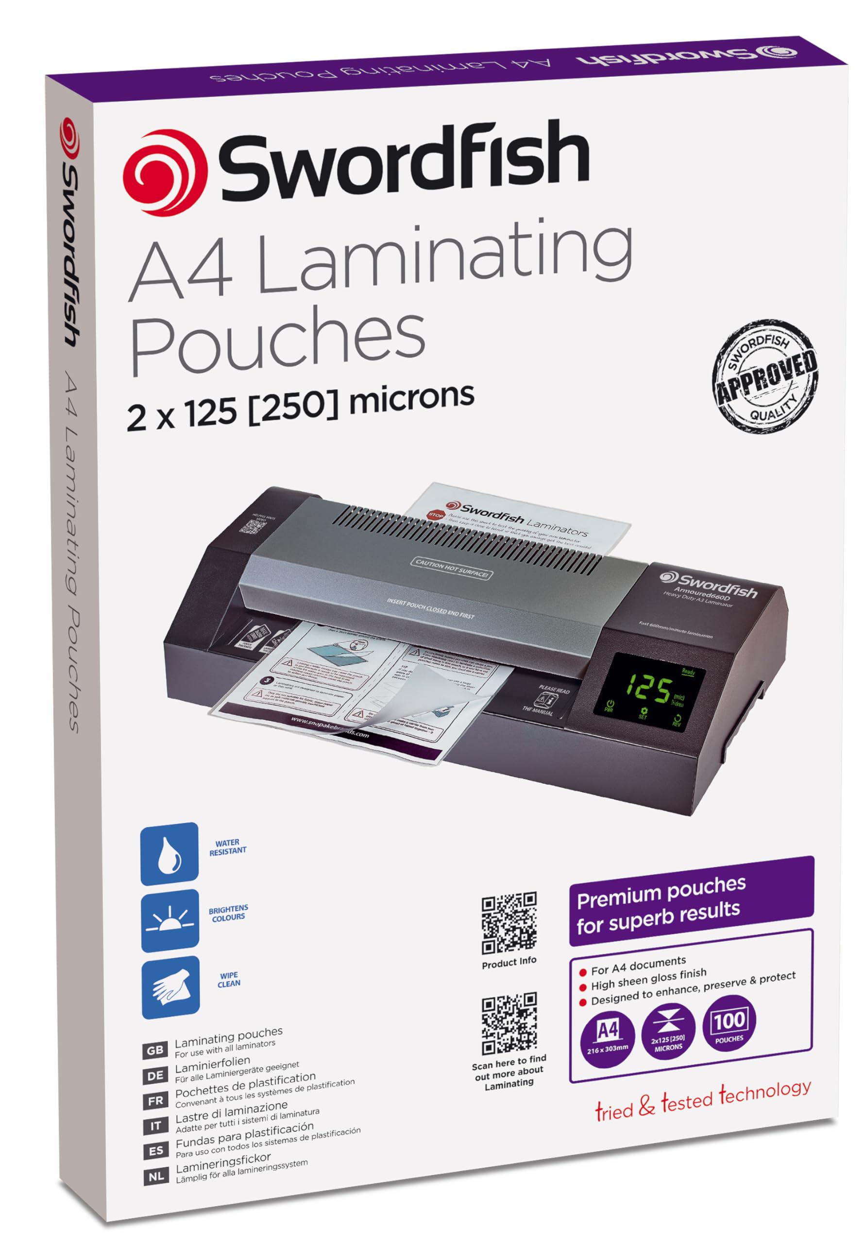 Swordfish A4 2 x 125 (250) Micron Laminating Pouches [Pack of 100] Ref: 48021