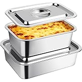 4 Inch Deep Lasagna Pan with Lid, 2 Pack Stainless Steel Baking Pans, 7.4QT+5.1QT Large Roasting Pan with Lid, Rectangle Baki