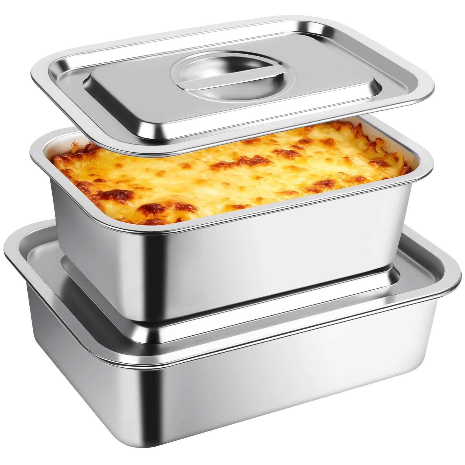 Photo 1 of 4 Inch Deep Lasagna Pan with Lid, 2 Pack Stainless Steel Baking Pans, 7.4QT+5.1QT Large Roasting Pan with Lid, Rectangle Baking Sheet with Lid, Baking Dish Pan for Oven