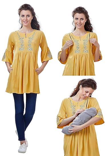 Designer Cotton Embroidery Maternity/Nursing/Easy Feeding/Western TOP/Breastfeeding/Kurti/Kurta/Dress/with Zippers for PRE and Post Pregnancy for Women