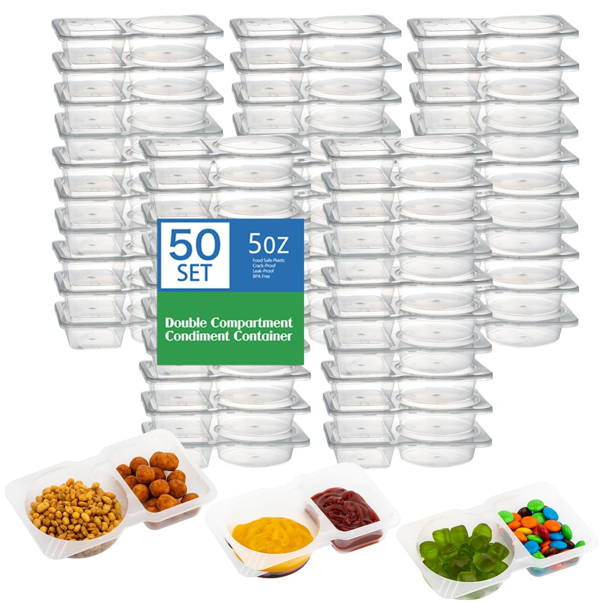 Photo 1 of JUSTASHOW 50 Pack Double Compartment Condiment Container with Lid, 5oz Disposable Small Snack Container 2 Compartment for Meal Prep, Salad Dressing, Dipping Sauce, Travel Snacks