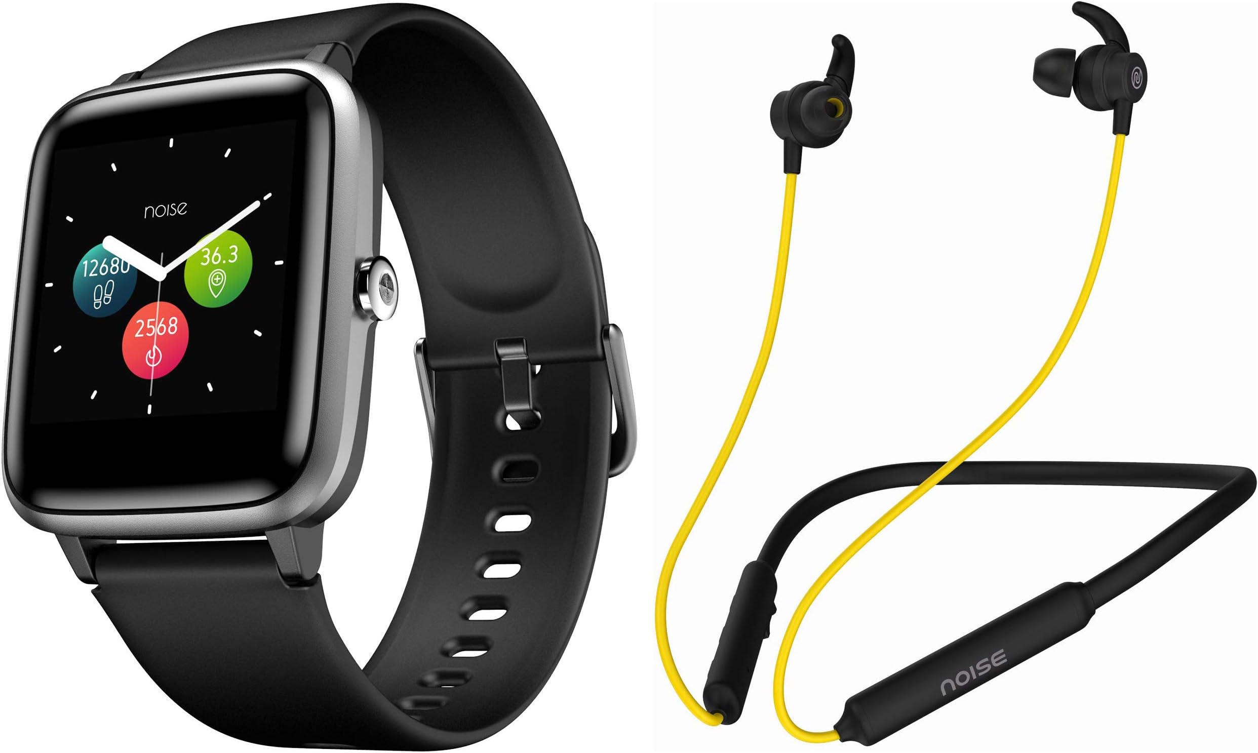 Noise Colorfit Pro 2 Full Touch Control Smart Watch (Jet Black) with Noise Tune Active Wireless Bluetooth Earphones (Pop Yellow)