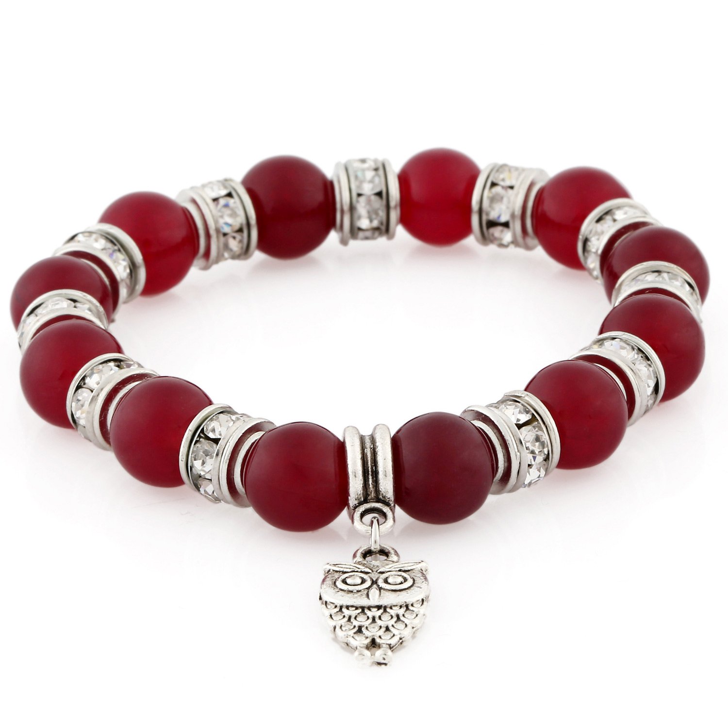 Morella Women's Bracelet Elastic with Owl Pendant and Stone Beads Dark Red
