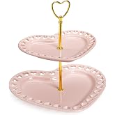 Paris Hilton 2-Tier Heart Serving Tray, Iconic Ceramic Stoneware with Metal Handle, Easy Assembly for Stylish Display, 9-Inch and 7-Inch Plates, Pink