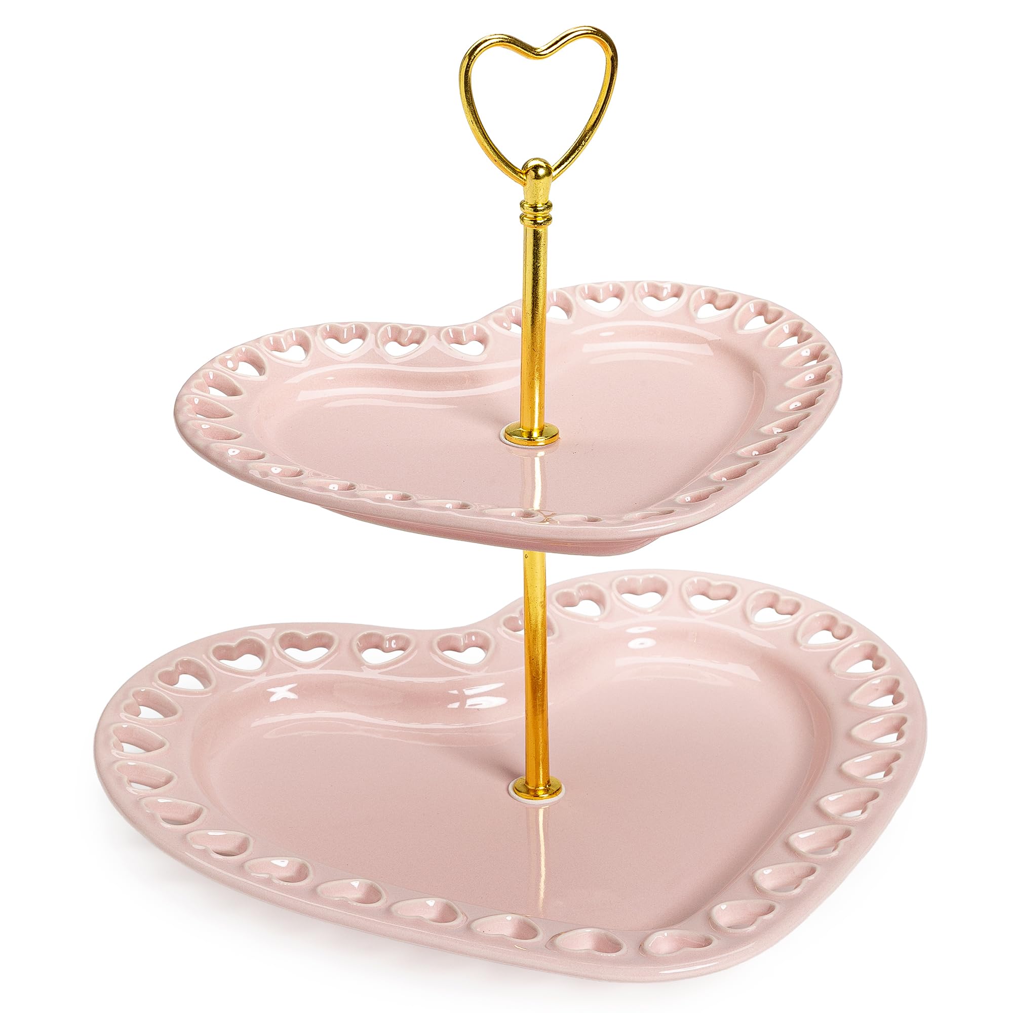 Photo 1 of Paris Hilton 2-Tier Heart Serving Tray, Iconic Ceramic Stoneware with Metal Handle, Easy Assembly for Stylish Display, 9-Inch and 7-Inch Plates, Pink