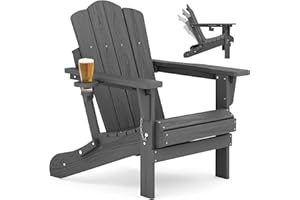 KINGYES 3-Position Adjustable Folding Adirondack Chair, Reclining Backrest Adironadck Chairs with Cup Holder, HDPE All-Weather Resistant Adirondack for Deck, Patio, Fire Pit, Grey