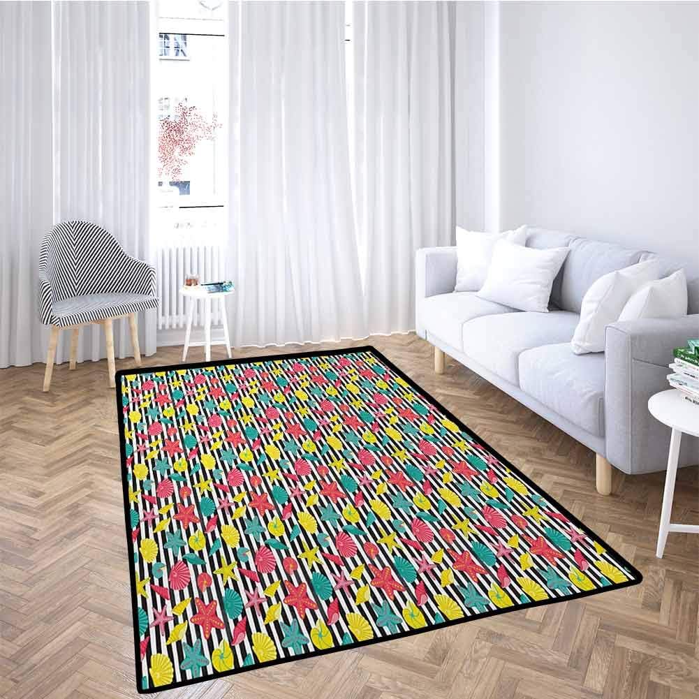 Starfish Kids Playmat Black and White Stripes with Colorful Cartoon Shellfishes Oyster and Seastars Machine-Washable/Non-Slip Multicolor 6'6x9'10 Feet