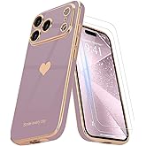 Teageo for iPhone 17 Pro Max Case with Screen Protector [2 Pack] Girl Women Cute Girly Love-Heart Luxury Gold Soft Cover Camera Protection Shockproof Phone Case for iPhone 17 Pro Max, Lavender